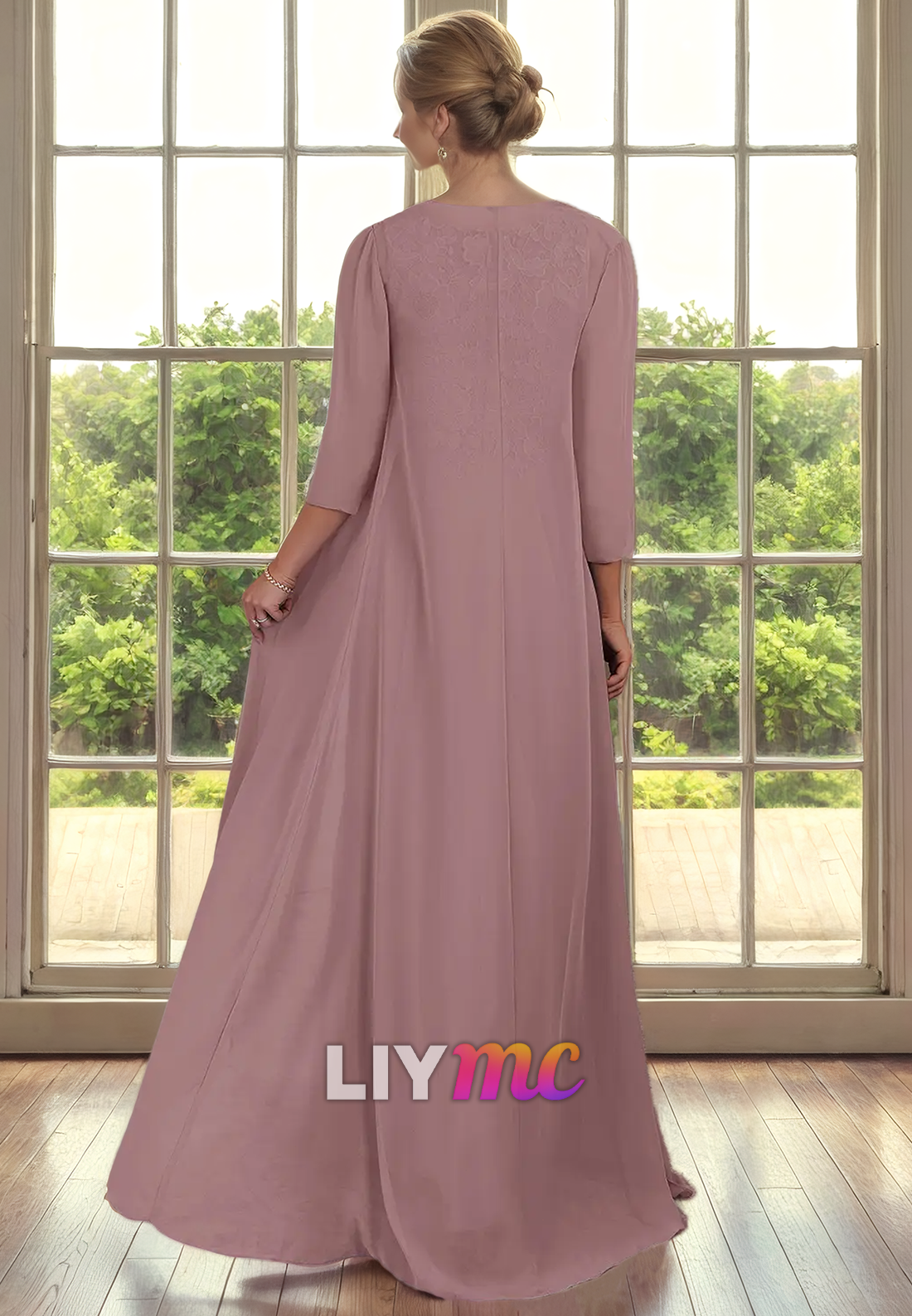 Scoop Half Sleeves Chiffon Appliques Long Mother of Bride Dress