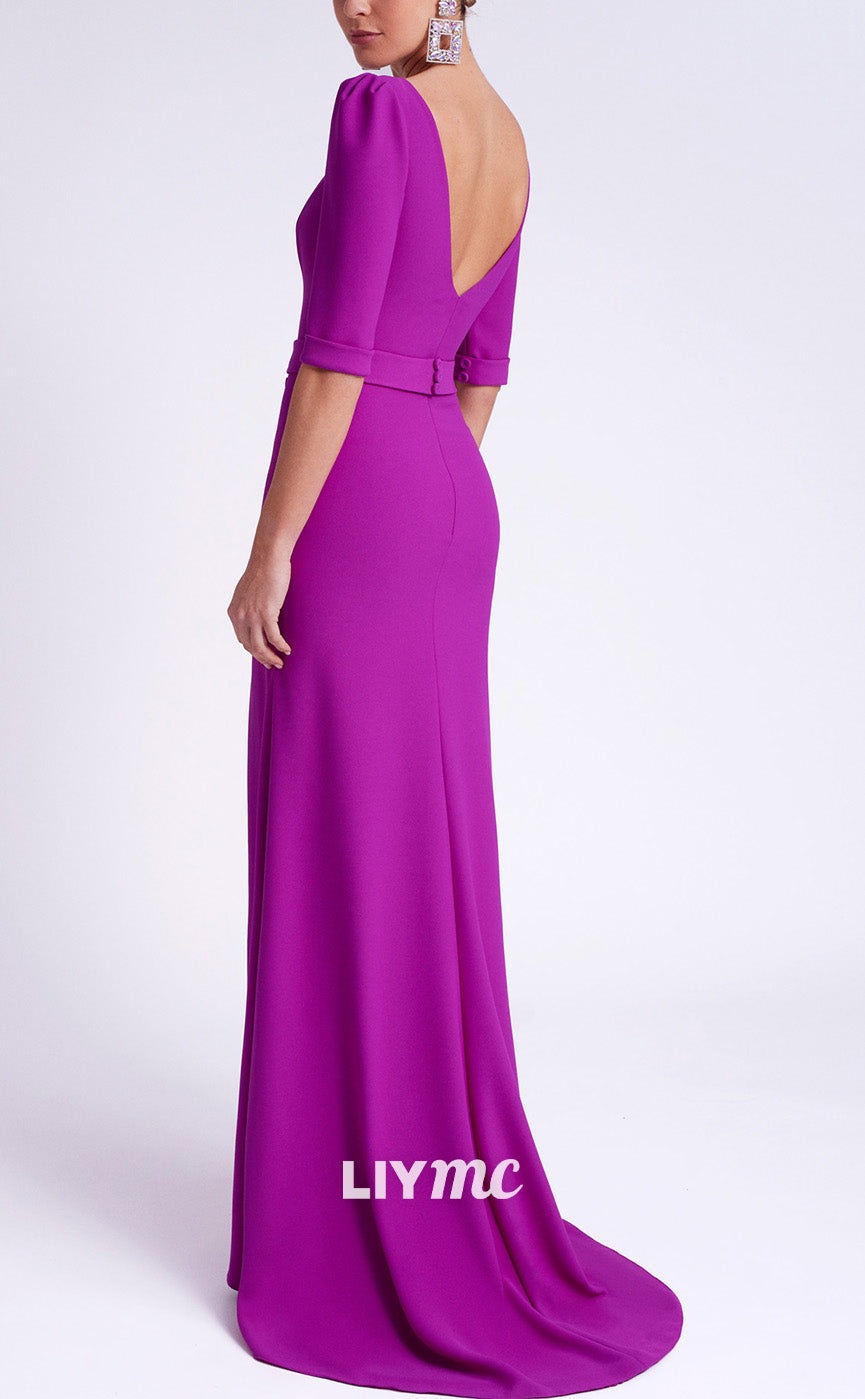 M1257 - Scoop Half Sleeves High Slit Sleek Satin Long Mother of Bride Dress Cocktail Dress