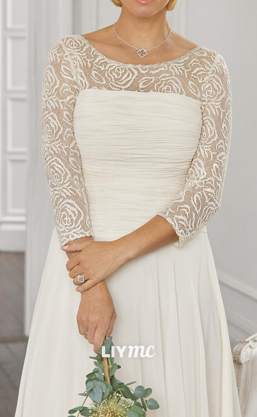 M1141 - Scoop Lace Appliques Pleated Sleek Chiffon Mother of Bride Wedding Guest Dress