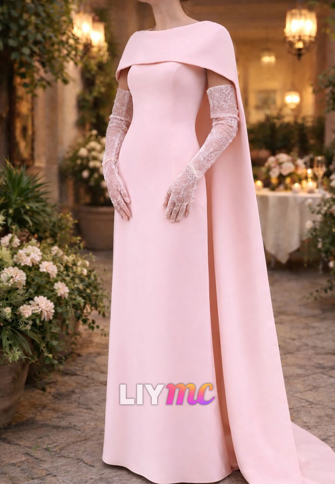 Straight Across Long Sleeves Sheath Satin Eevening Dress with Cloak