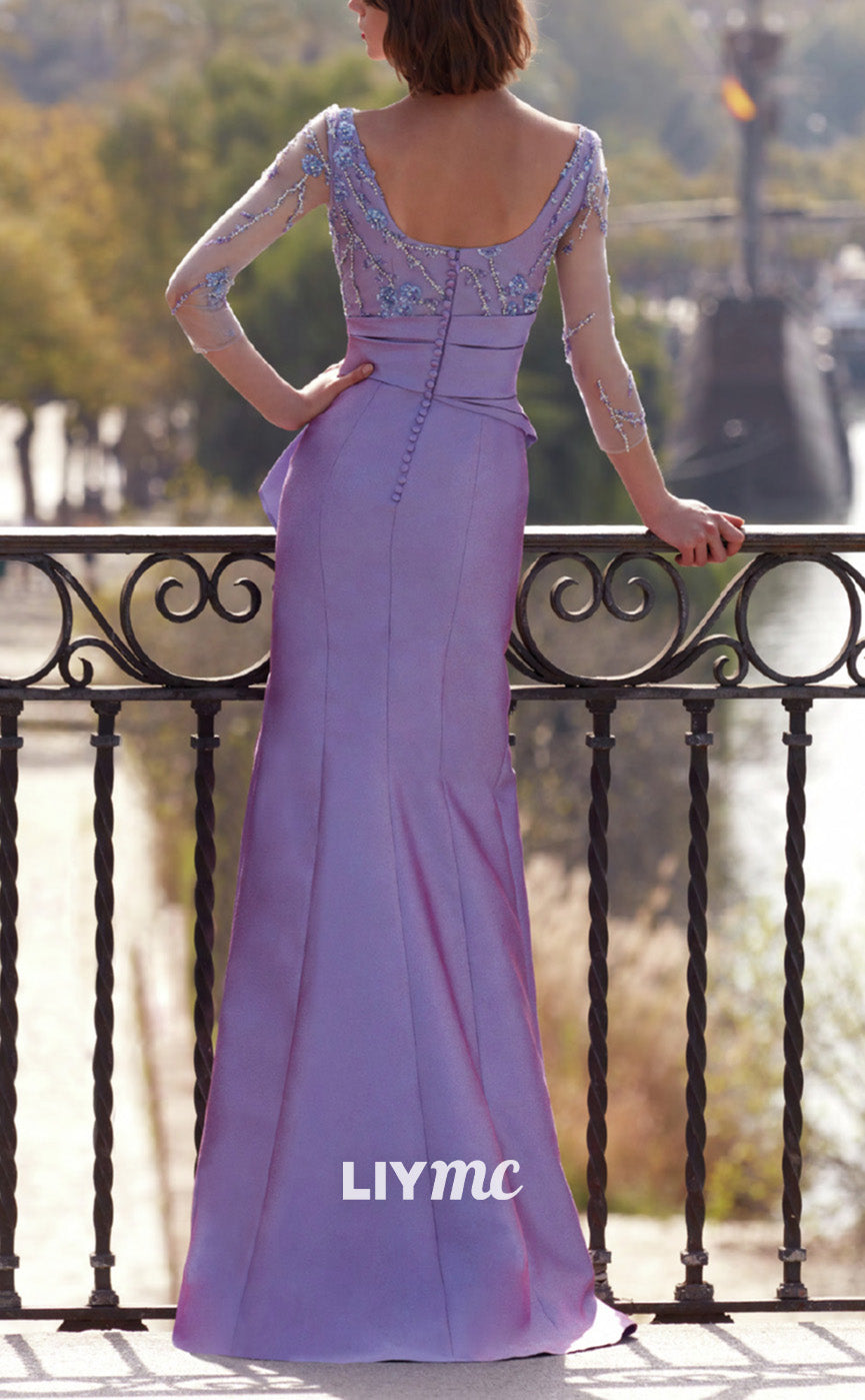 Scoop Long Sleeves Apliques Ruffled Side Slit Mother of Bride Dress Cocktail Dress