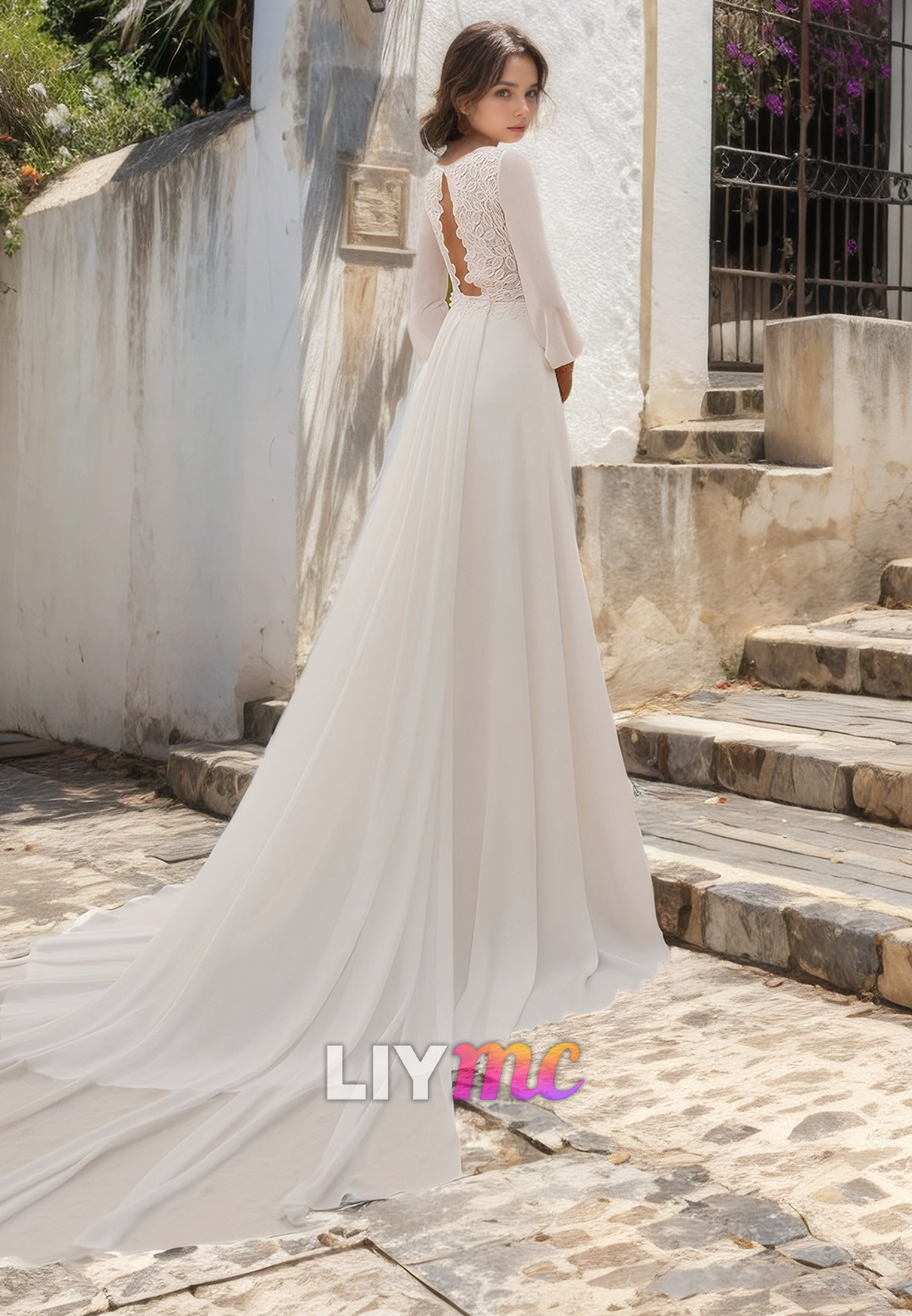 LW488 - Sheath Round Long Sleeves Appliques Cut-Outs Floor-Length Wedding Dress With Sweep Train