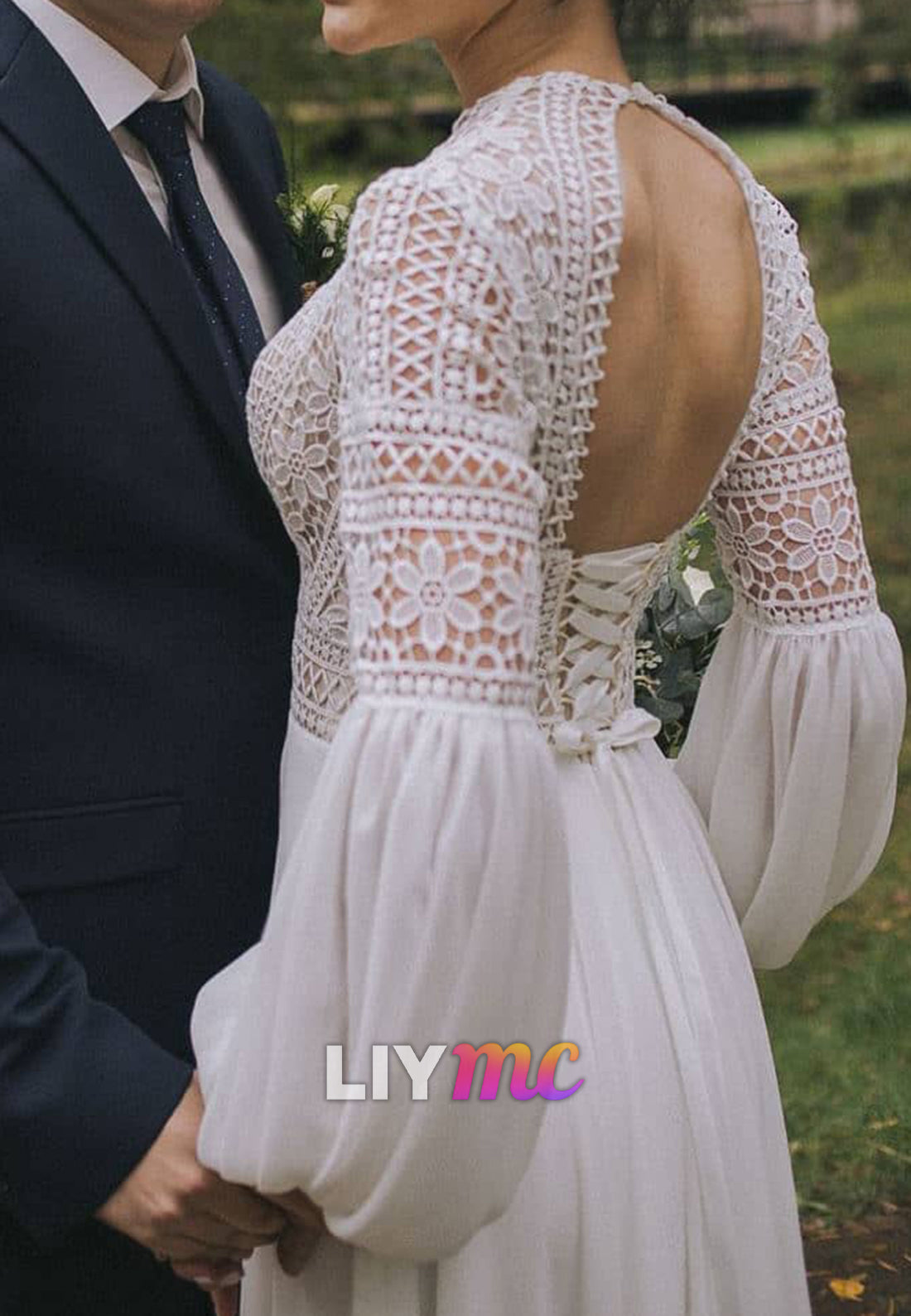 Scoop Long Sleeves Appliques A-Line Boho Wedding Dress