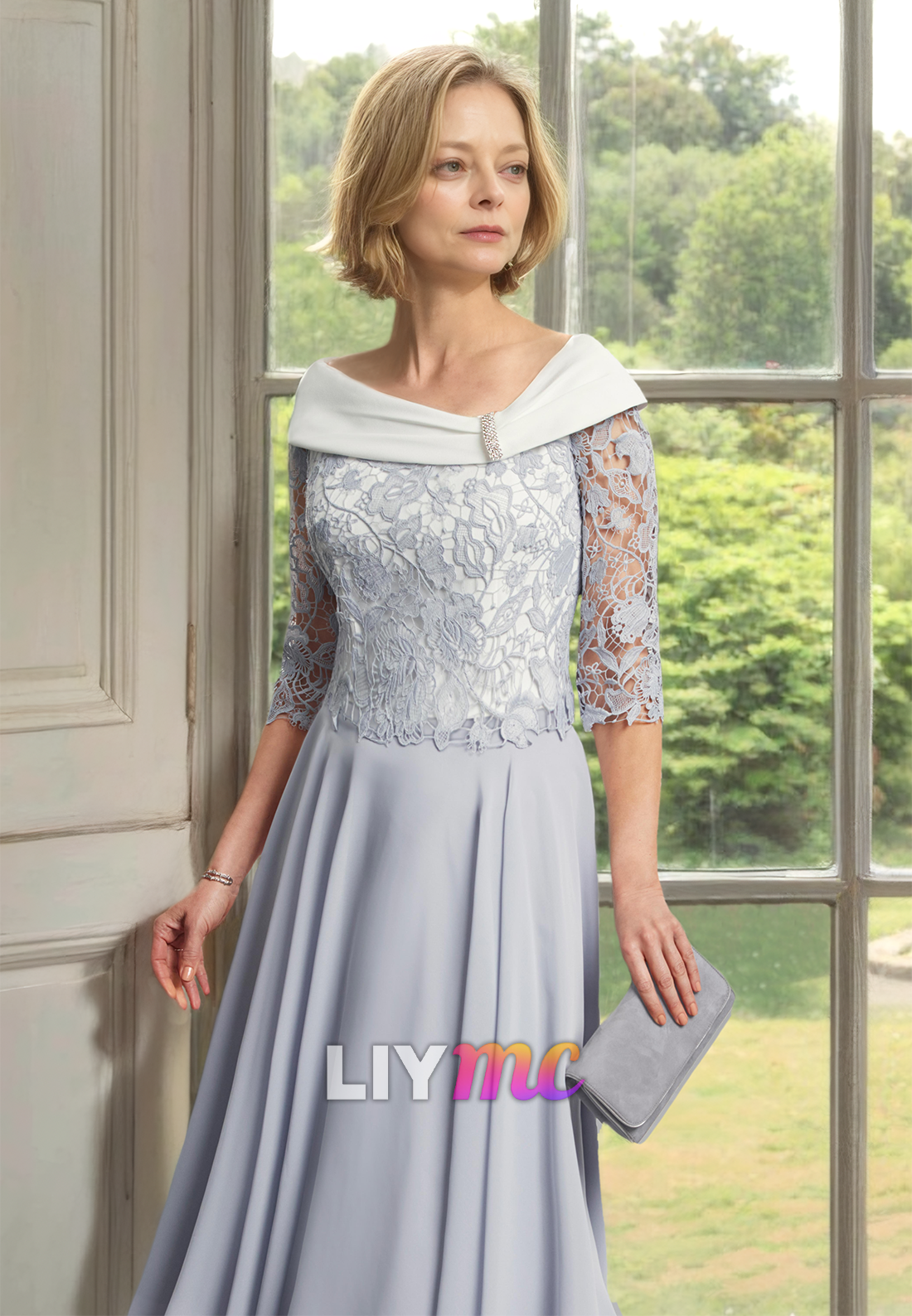 Scoop Long Sleeves Appliques Chiffon Pleated A-Line Mother of Bride Dress