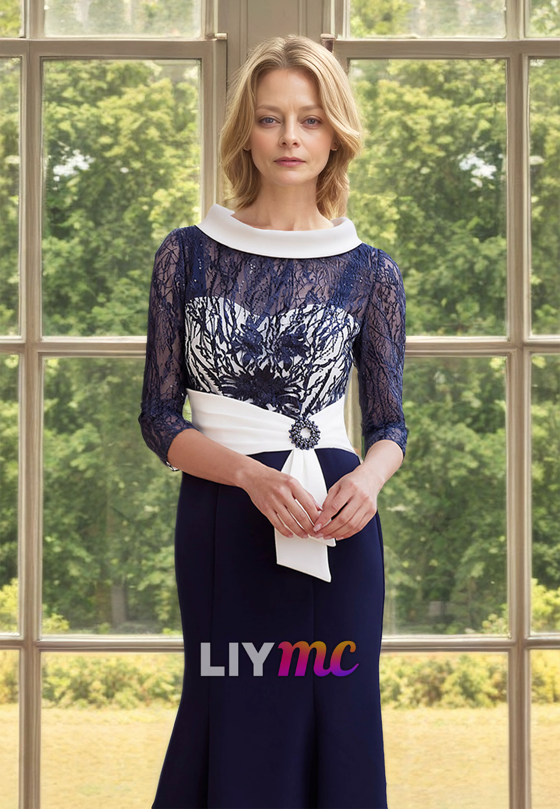 Scoop Long Sleeves Appliques Mermaid Mother of Bride Dress