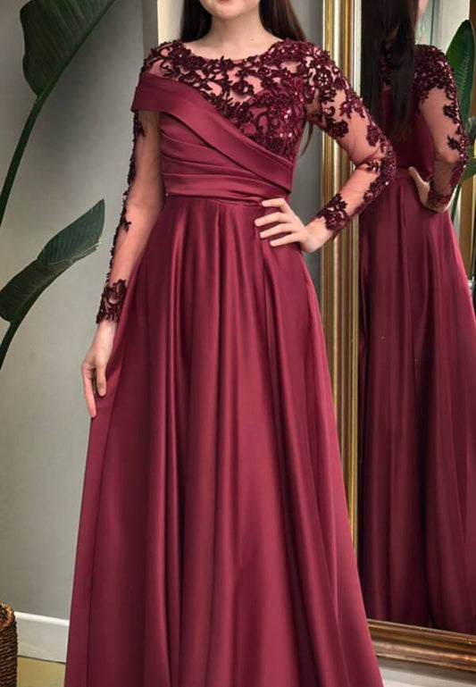 Scoop Long Sleeves Appliques Pleated A-Line Mother of Bride Dress