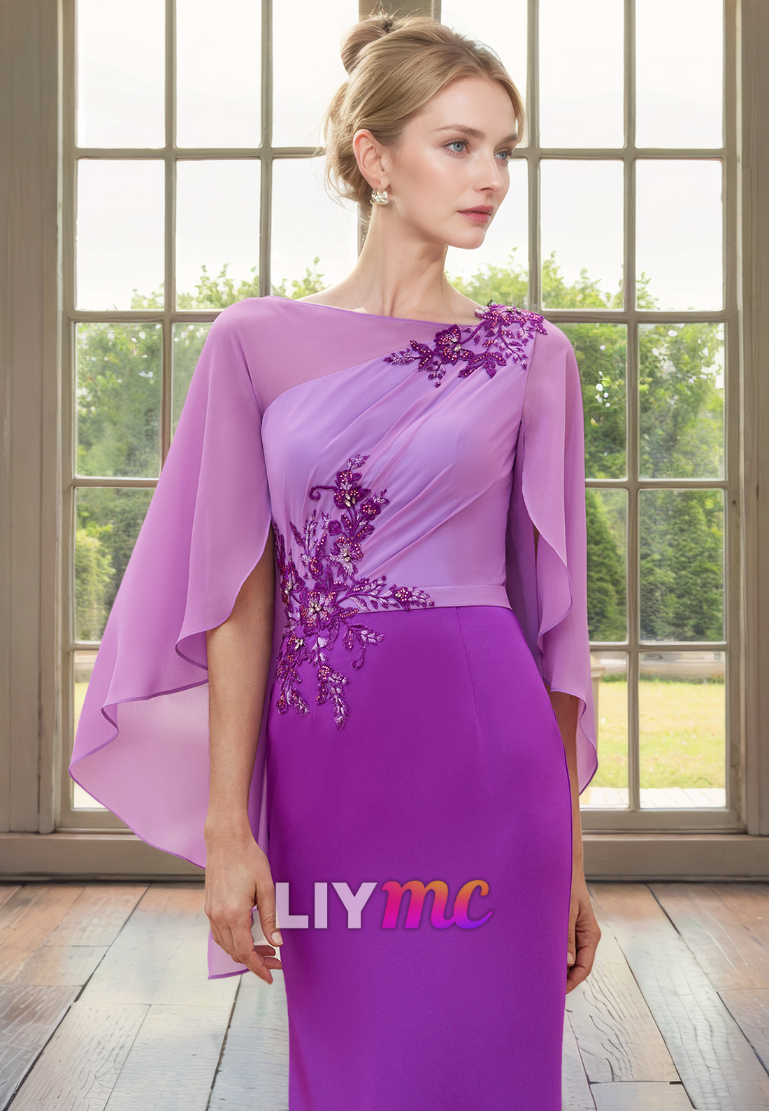M1079 - Column Mother of the Bride Dress Elegant Jewel Neck Floor Length Chiffon Short Sleeve with Embroidery Appliques