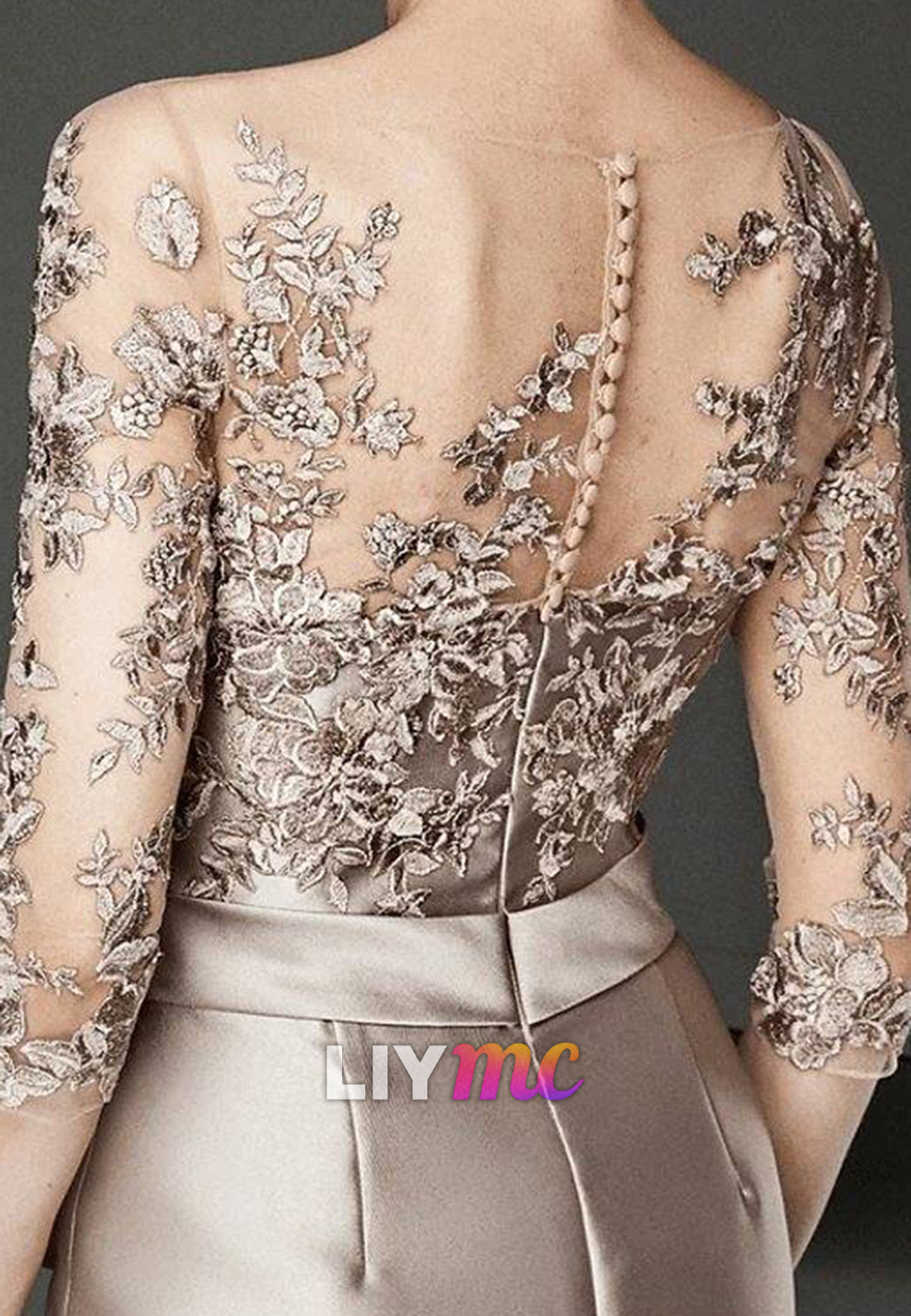 Scoop Long Sleeves Appliques Sheath Satin Mother of Bride Dress