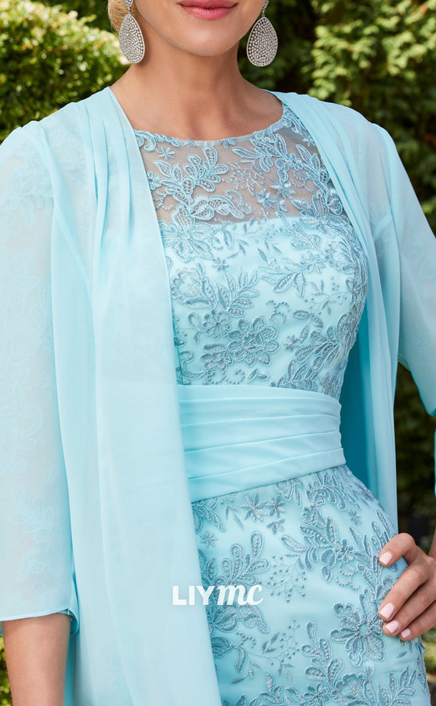 M1168 - Scoop Long Sleeves Appliques Sheer Mermaid Mother of Bride Wedding Guest Dress