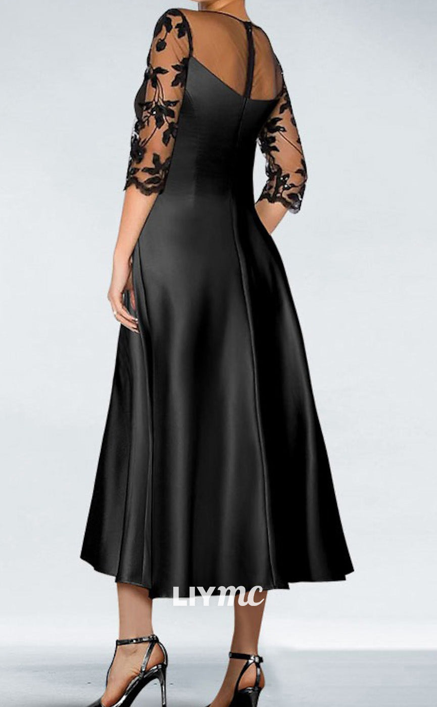 M1279 - Scoop Long Sleeves Appliques Sheer Pleated A-Line Mother of Bride Dress Cocktail Dress