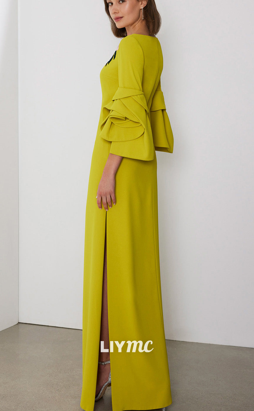 M1230 - Scoop Long Sleeves Appliques Side Slit Long Mother of Bride Dress Cocktail Dress