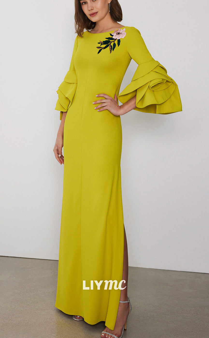 M1230 - Scoop Long Sleeves Appliques Side Slit Long Mother of Bride Dress Cocktail Dress