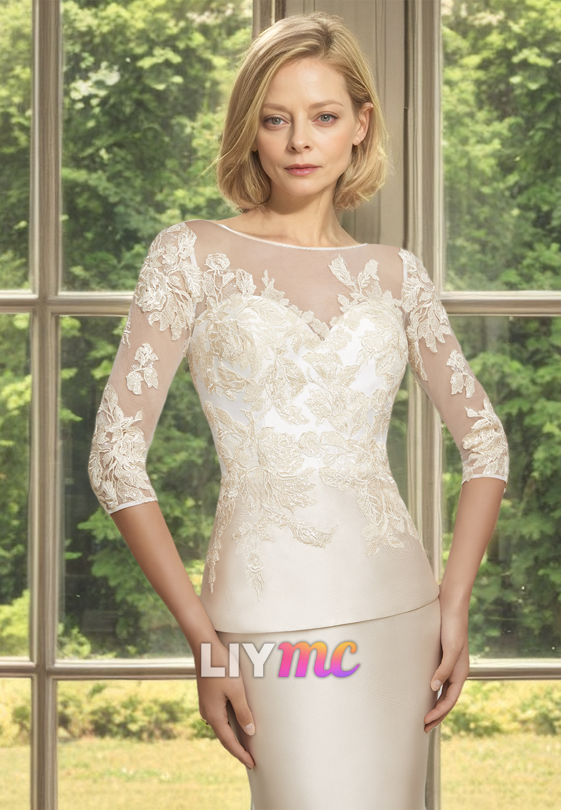 Scoop Long Sleeves Appliques Sleek Satin Sheath Mother of Bride Dress