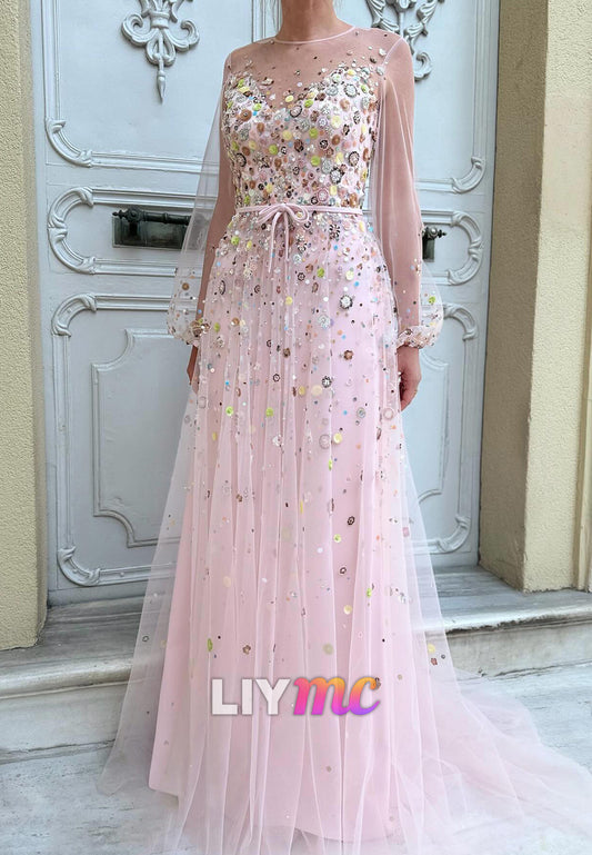 Scoop Long Sleeves Appliques Tulle A-Line Evening Dress