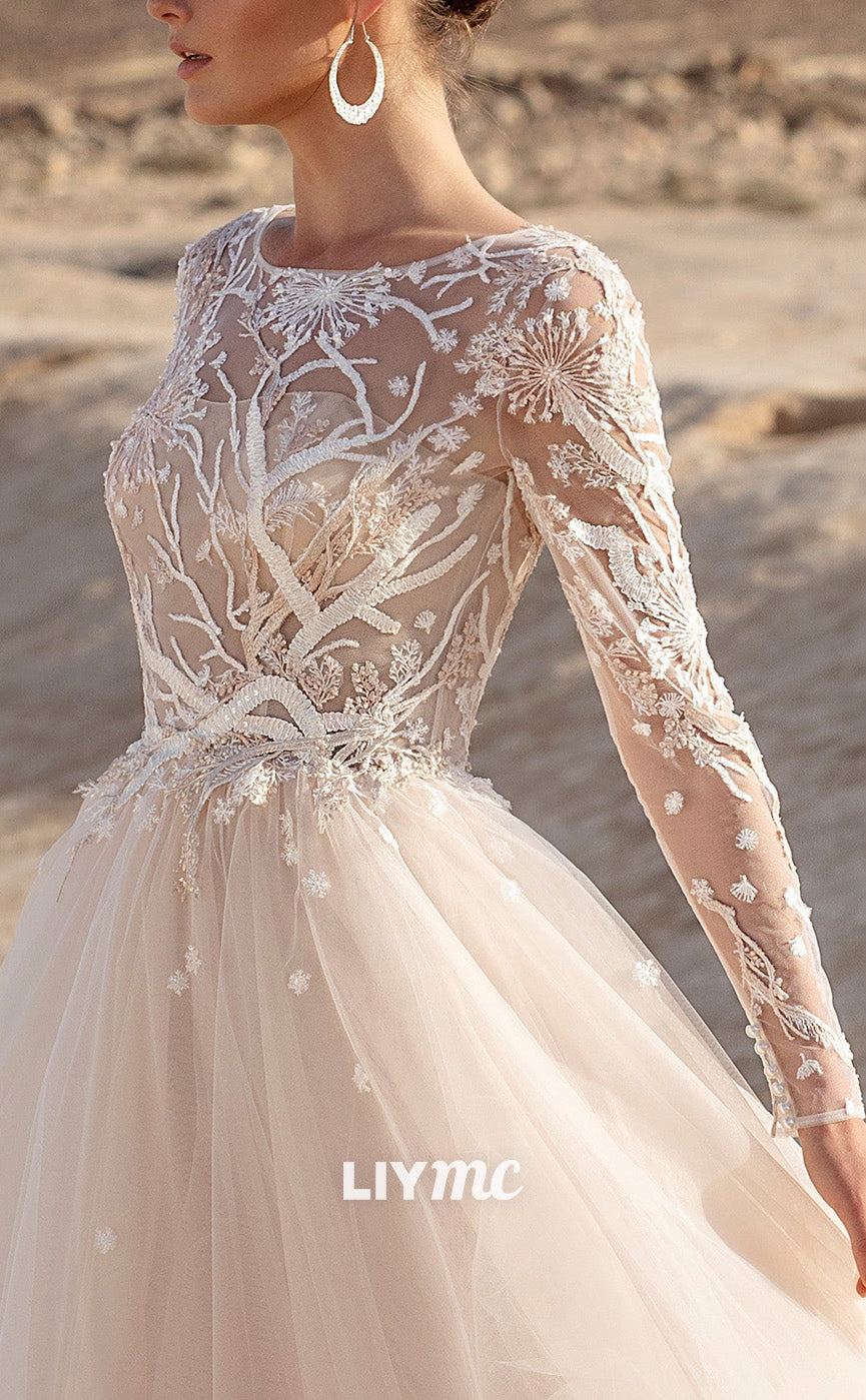 LW910 - Scoop Long Sleeves Appliques Tulle Ball Gown Wedding Dress