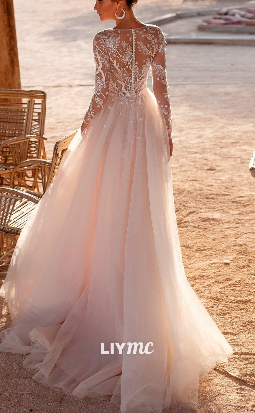 LW910 - Scoop Long Sleeves Appliques Tulle Ball Gown Wedding Dress