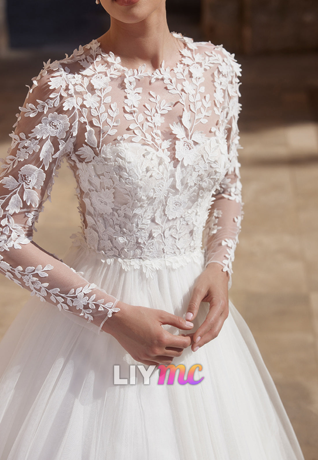 Scoop Long Sleeves Appliques Tulle Ball Gown Wedding Dress