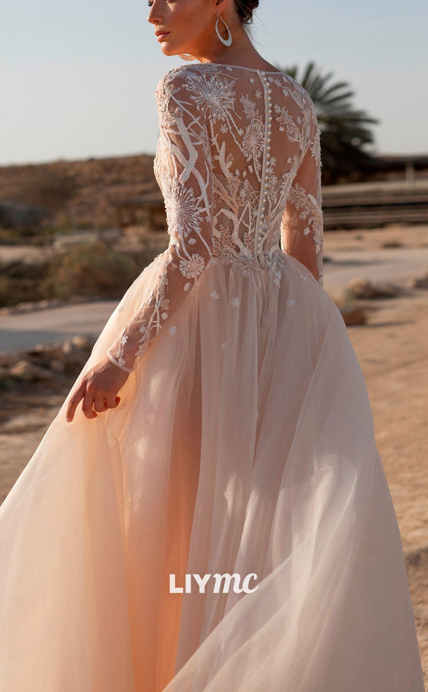 LW910 - Scoop Long Sleeves Appliques Tulle Ball Gown Wedding Dress
