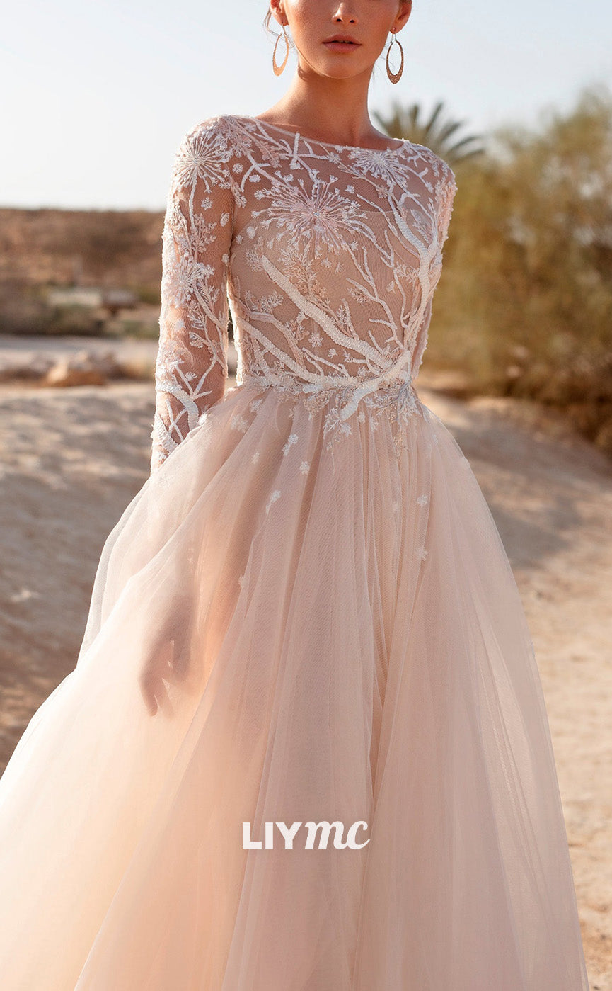LW910 - Scoop Long Sleeves Appliques Tulle Ball Gown Wedding Dress