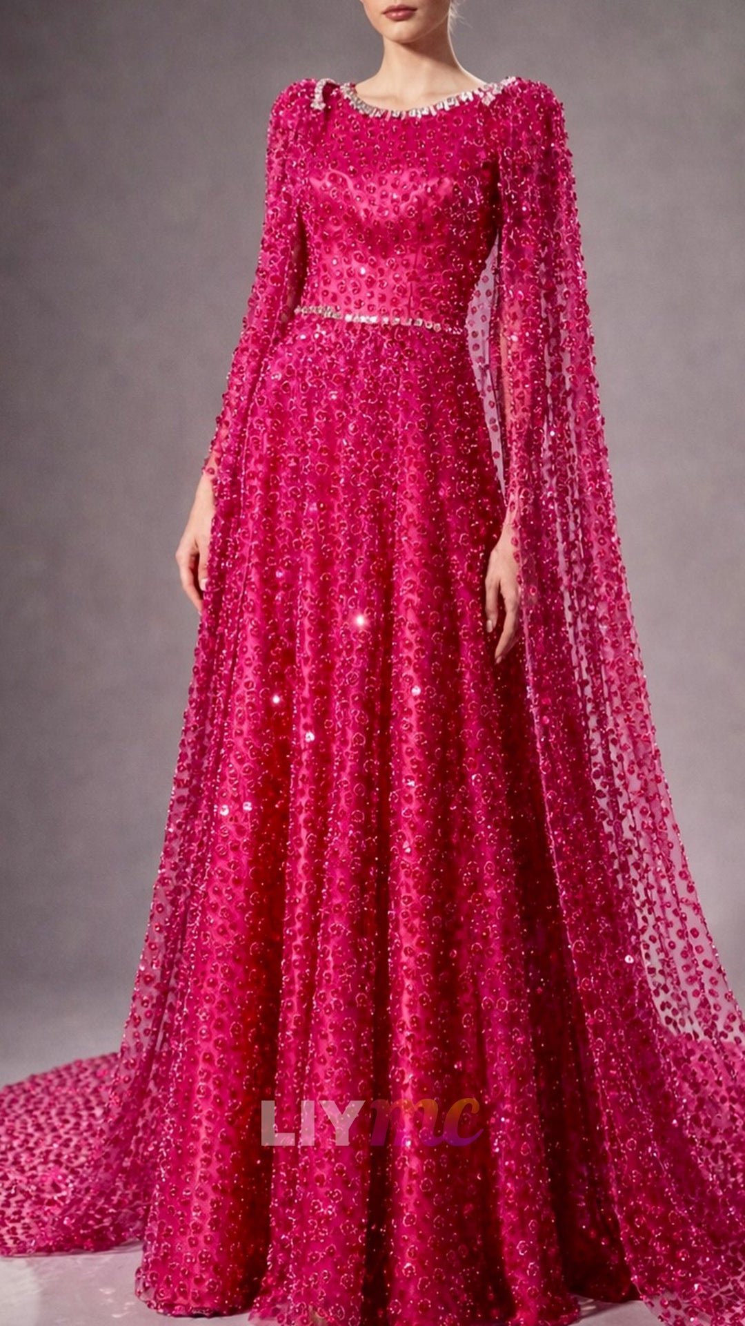 Scoop Long Sleeves Beaded Embroidery A-Line Prom Dress