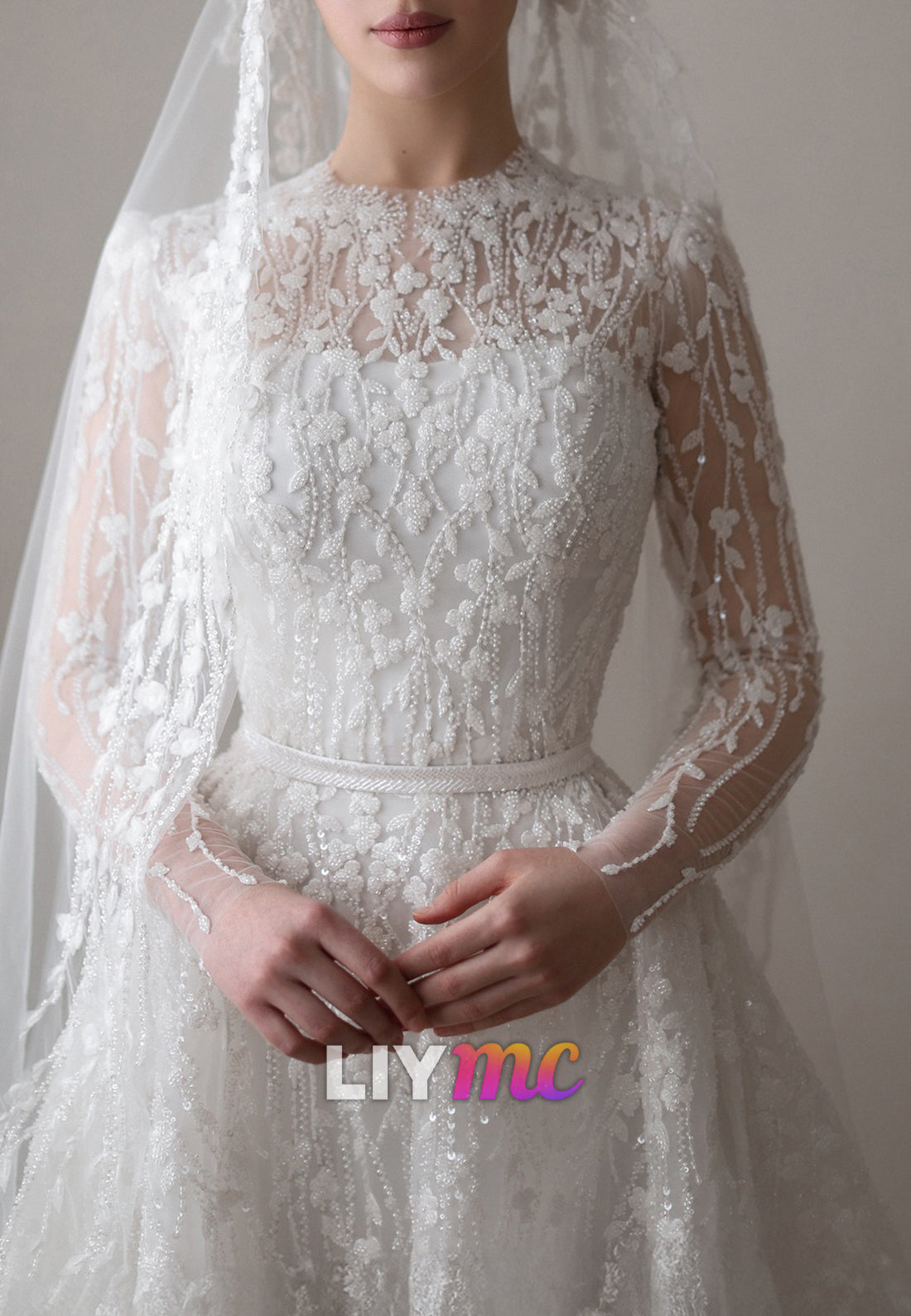 Scoop Long Sleeves Beaded Embroidery A-Line Wedding Dress