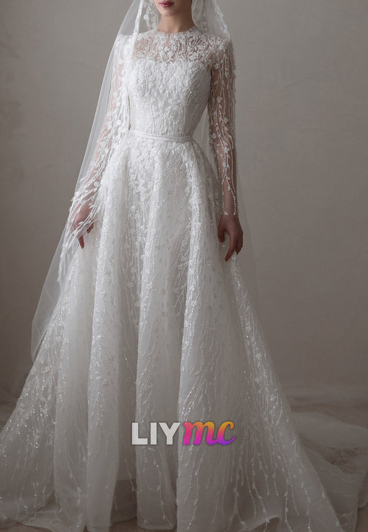 Scoop Long Sleeves Beaded Embroidery A-Line Wedding Dress