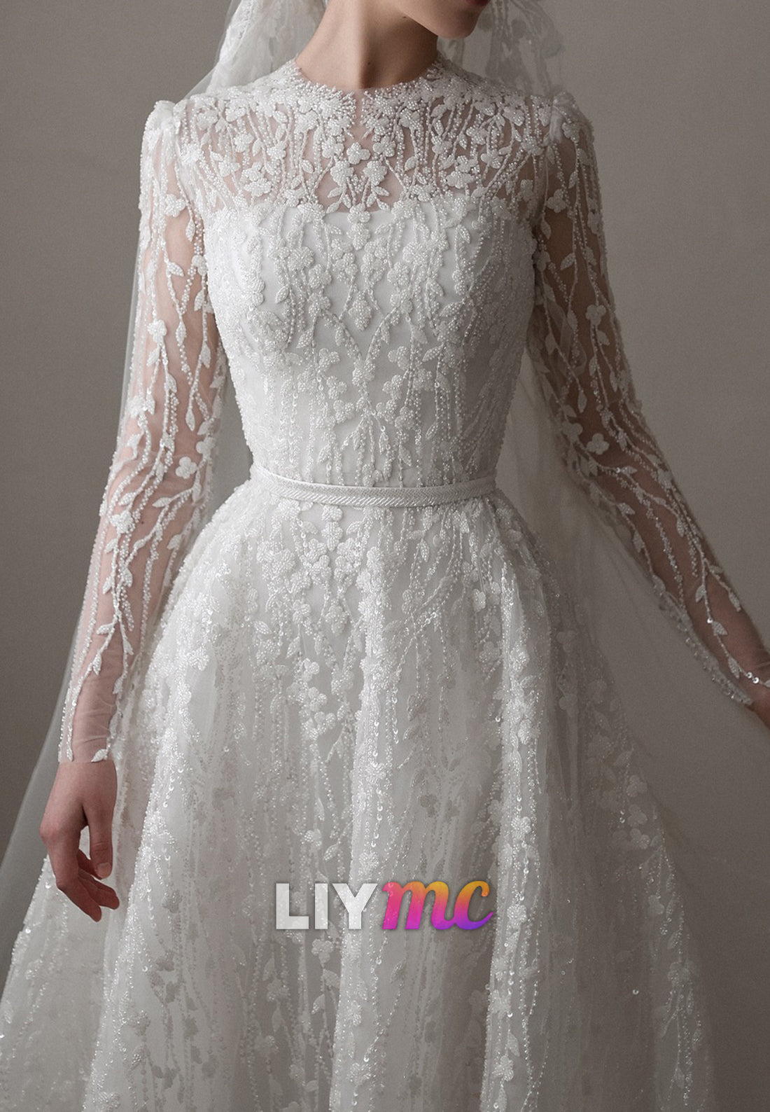 Scoop Long Sleeves Beaded Embroidery A-Line Wedding Dress