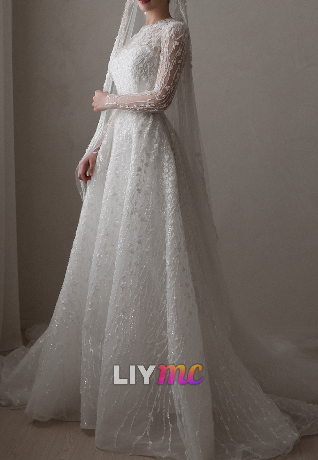 Scoop Long Sleeves Beaded Embroidery A-Line Wedding Dress