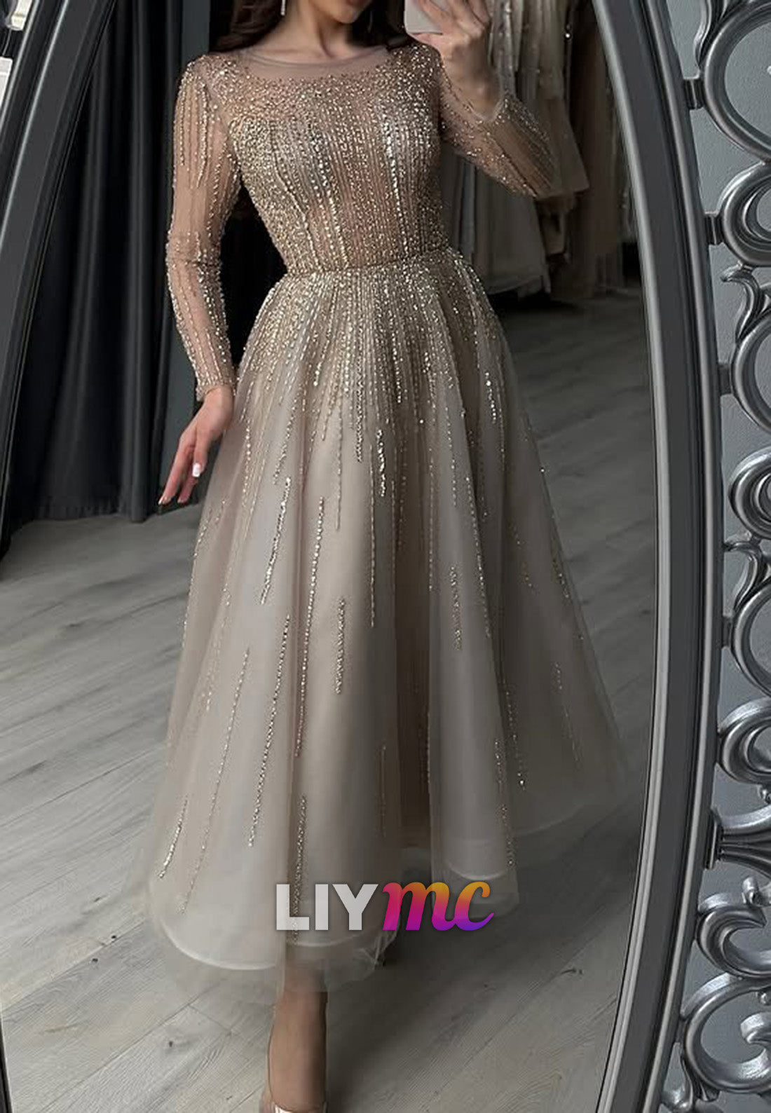 Scoop Long Sleeves Beaded Embroidery Sparkly A-Line Evening Dress