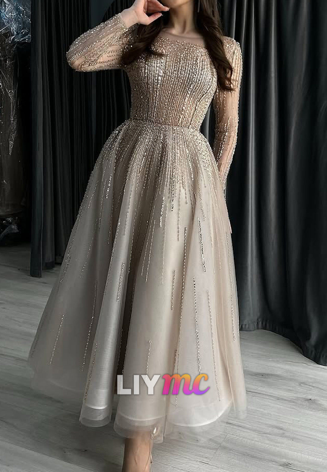 Scoop Long Sleeves Beaded Embroidery Sparkly A-Line Evening Dress