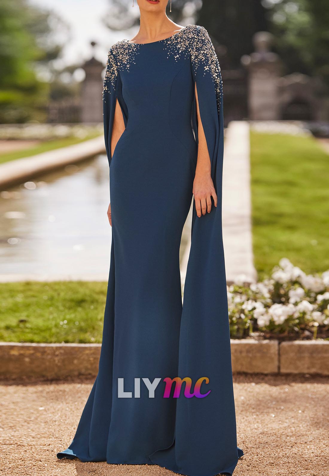 Scoop Long Sleeves Beaded Mermaid Mother of Bride Dress