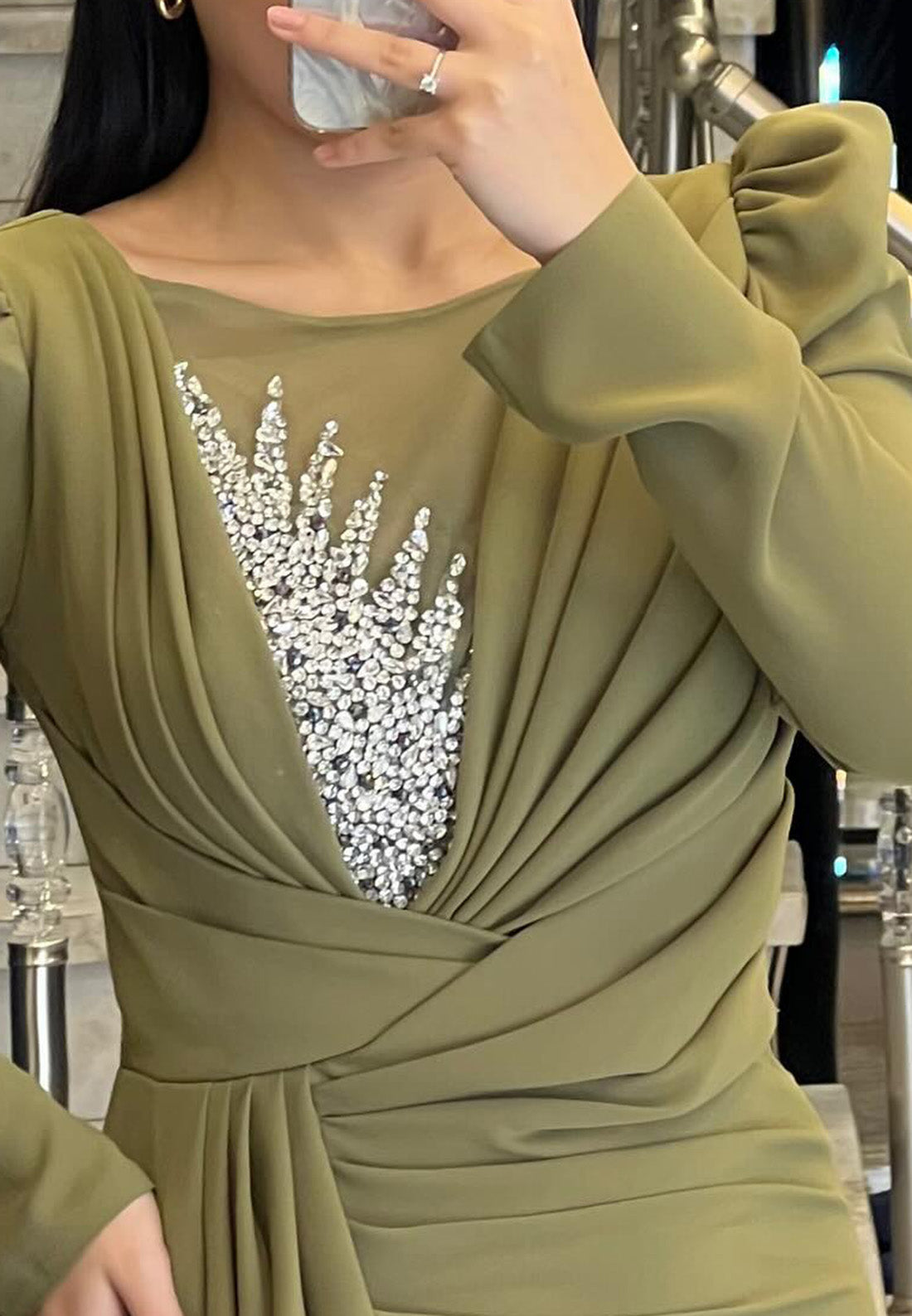 Scoop Long Sleeves Beaded Pleated Mermaid Mother of Bride Dress
