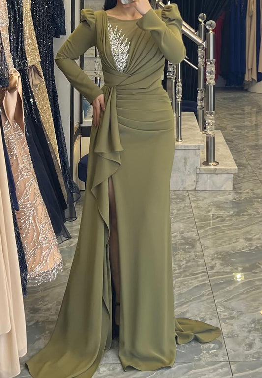 Scoop Long Sleeves Beaded Pleated Mermaid Mother of Bride Dress