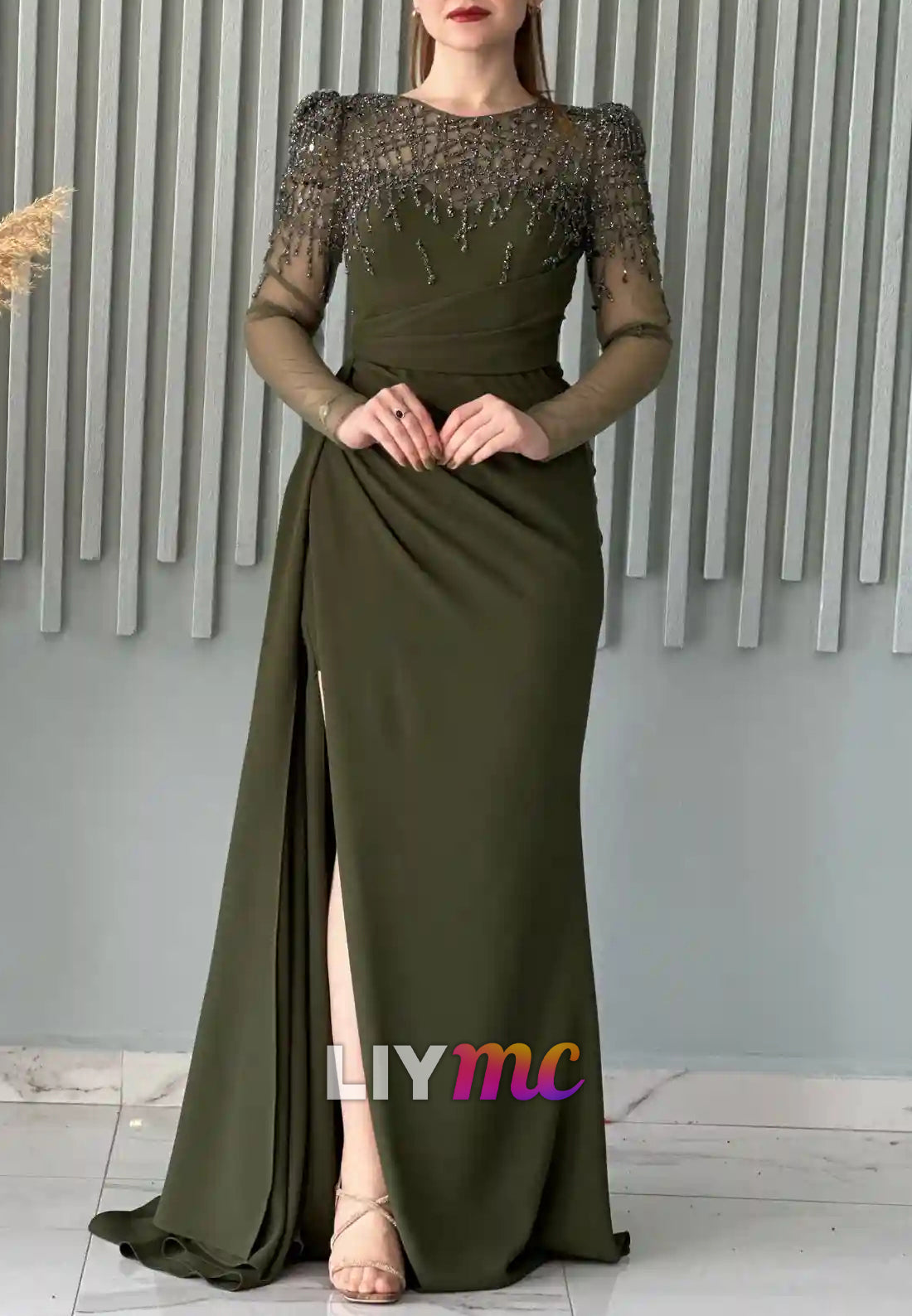 Scoop Long Sleeves Beaded Pleated Sheath Formal Dress