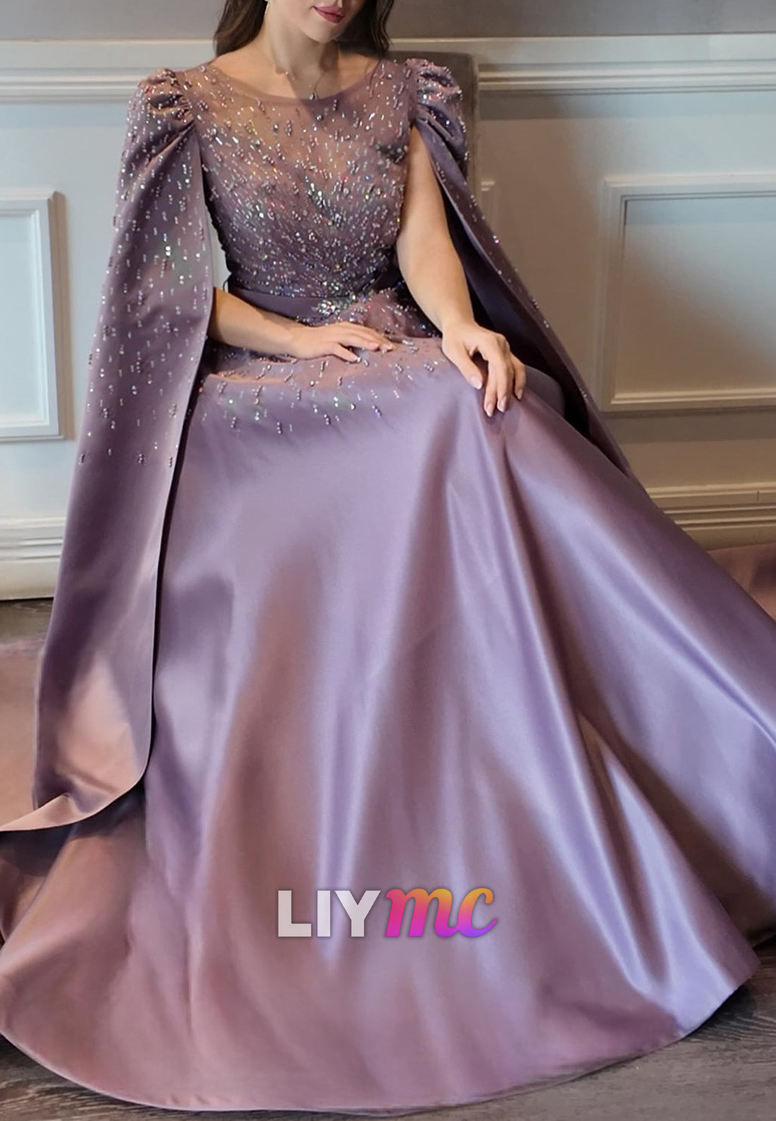 Scoop Long Sleeves Beaded Satin A-Line Mother of Bride Dress