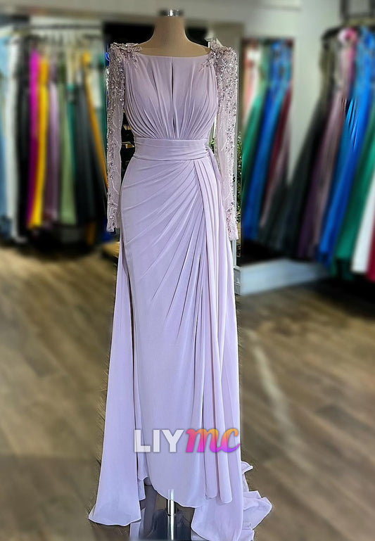 Scoop Long Sleeves Beaded Sheath Evening Dress