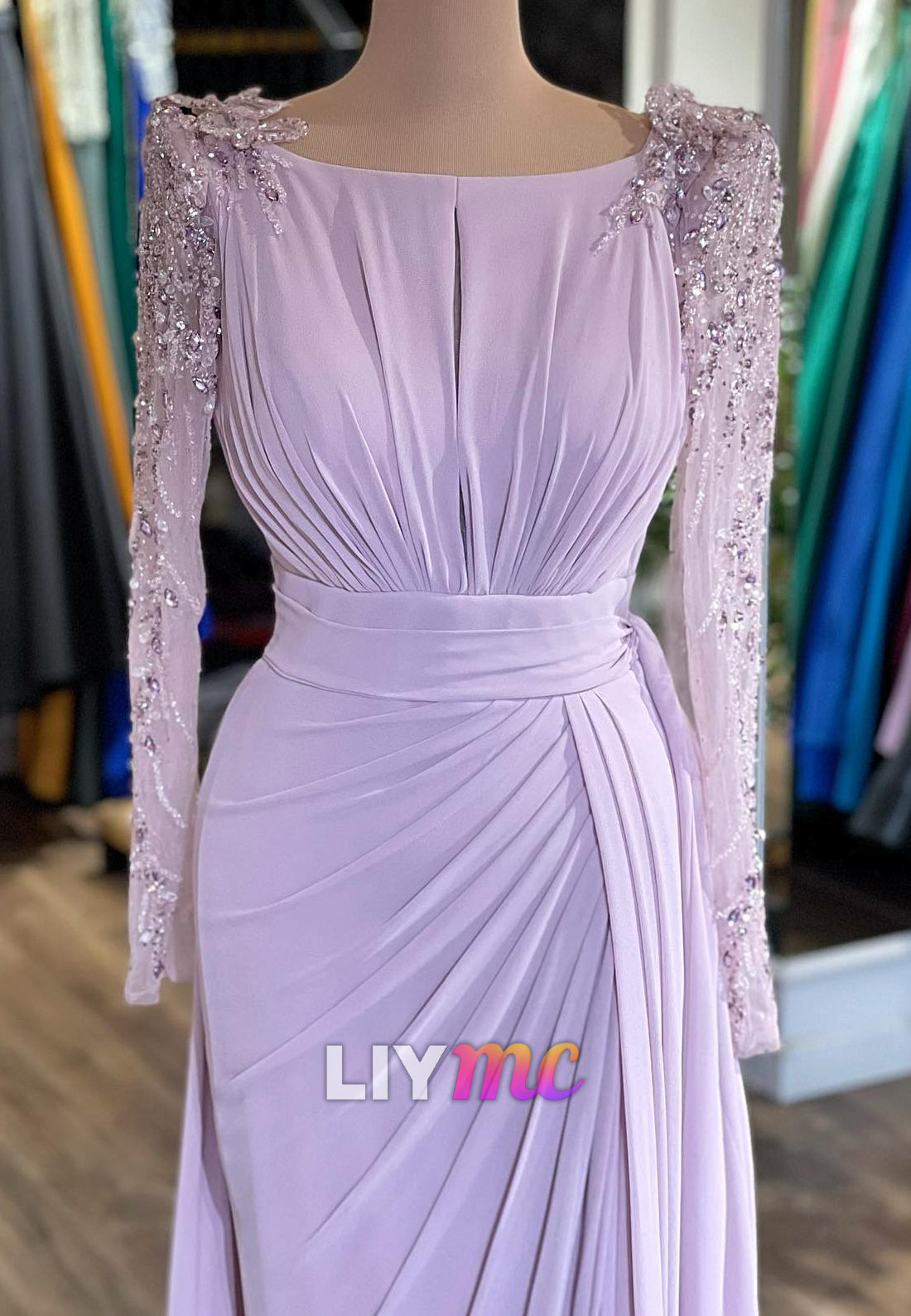 Scoop Long Sleeves Beaded Sheath Evening Dress