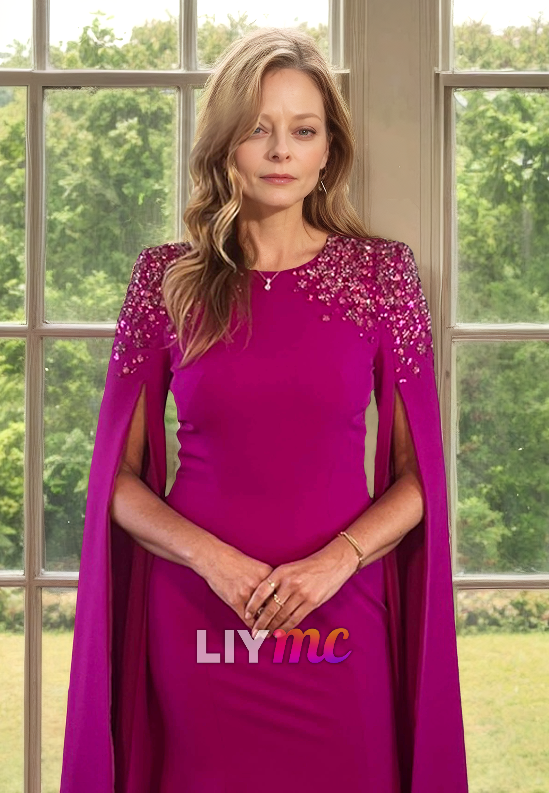 Scoop Long Sleeves Beaded Sleek Mermaid Mother of Bride Dress