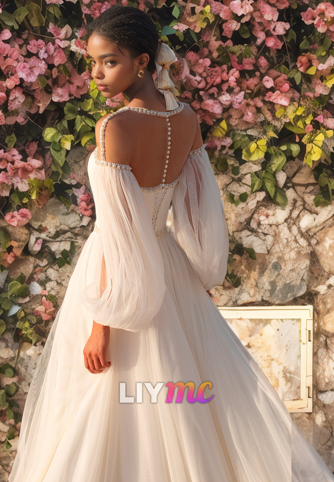 Scoop Long Sleeves Chiffon A-Line Beach Wedding Dress