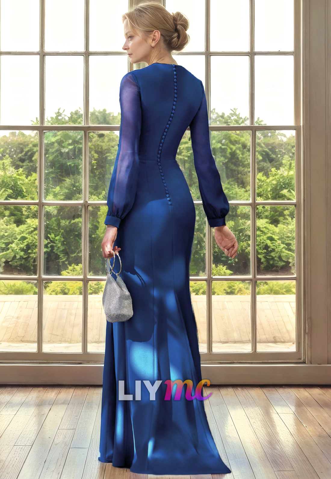 Scoop Long Sleeves Chiffon Sheath Mother of Bride Dress Cocktail Dress