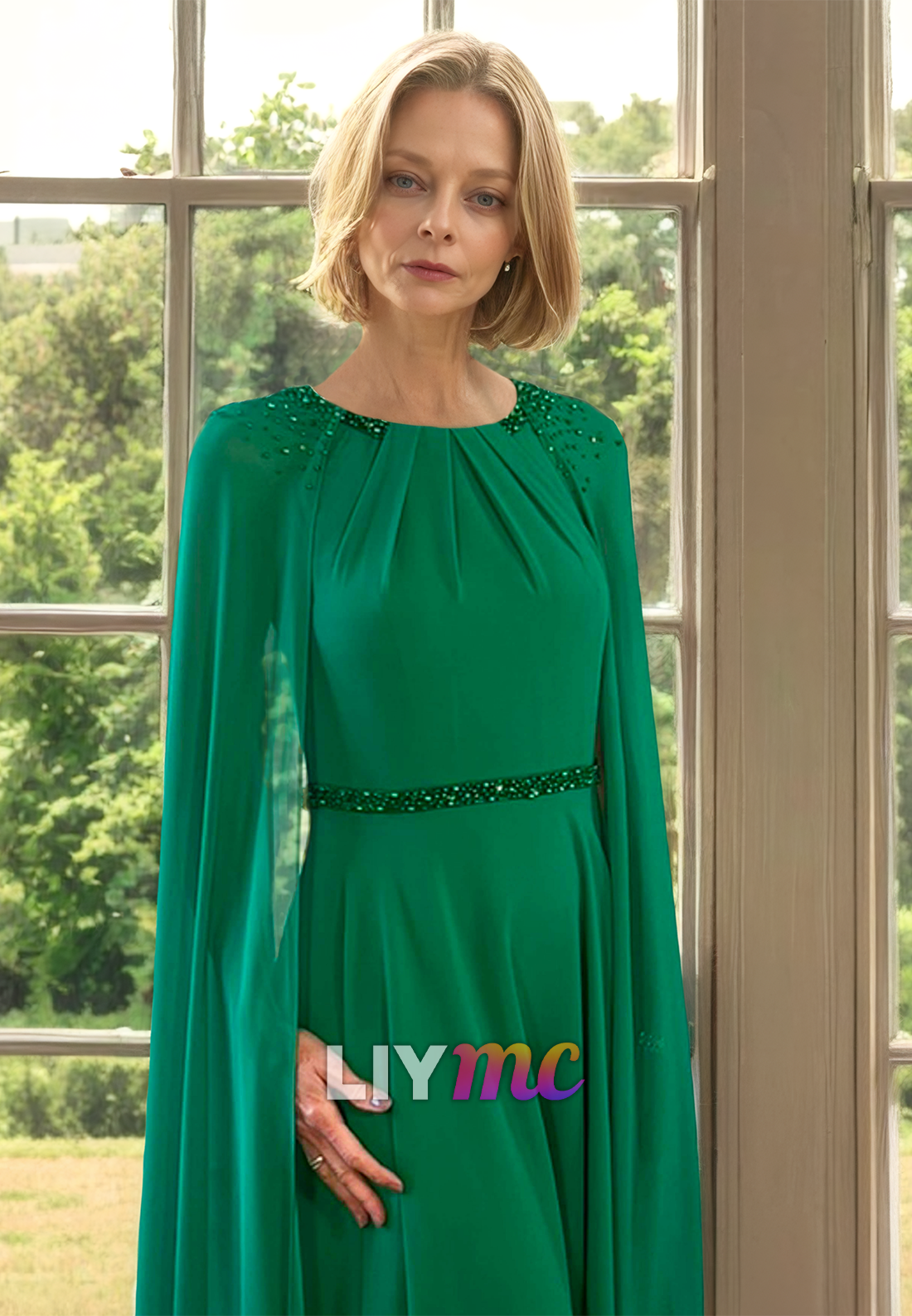 Scoop Long Sleeves Chiffon A-Line Mother of Bride Dress