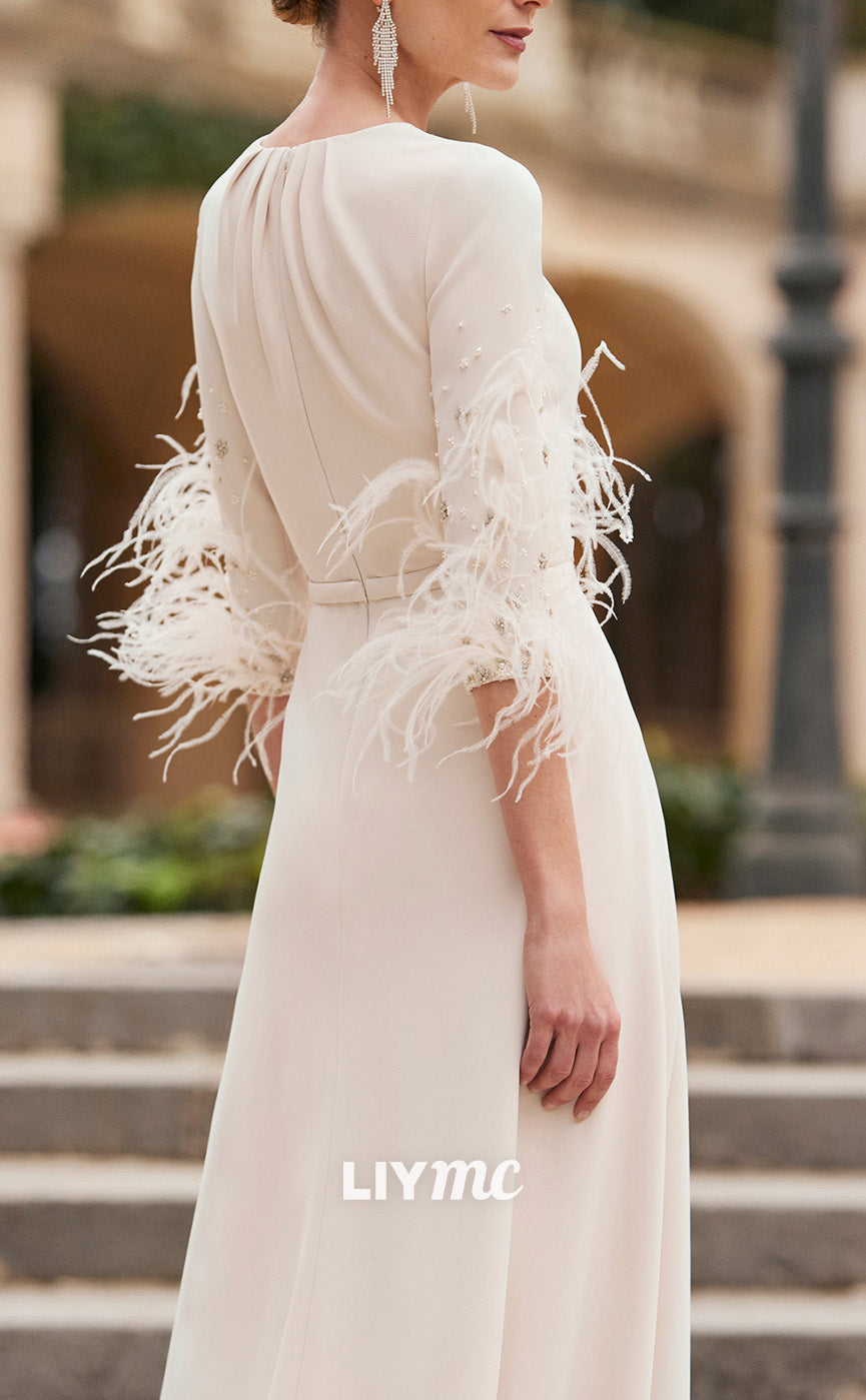 M1188 - Scoop Long Sleeves Feathered Jumpsuit Chiffon Mother of Bride Cocktail Dress
