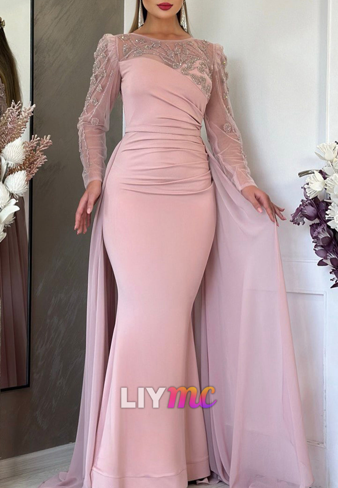 Scoop Long Sleeves Fitted Beading Mermaid Mother of Bride Dress