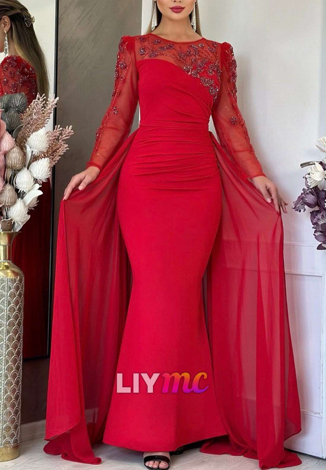 Scoop Long Sleeves Fitted Beading Mermaid Mother of Bride Dress