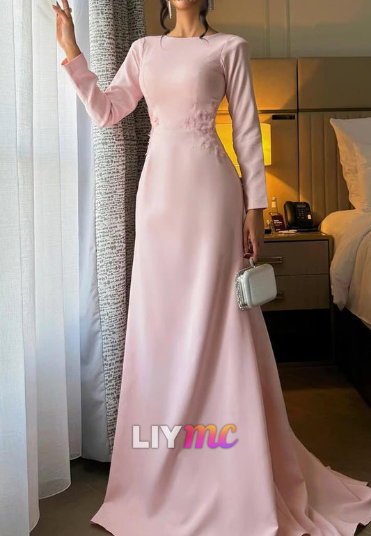 Scoop Long Sleeves Floral Appliques Sleek Sheath Formal Dress