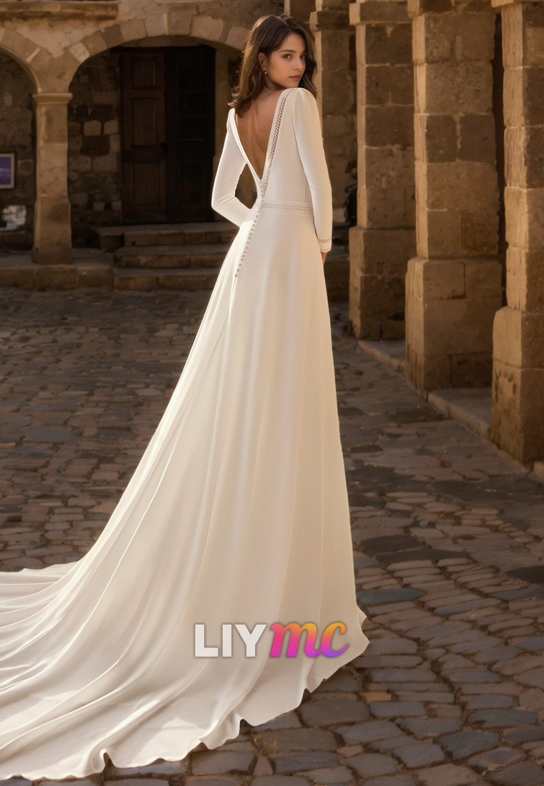 LW876 - Scoop Long Sleeves Sleek Satin Mermaid Long Beach Wedding Dress