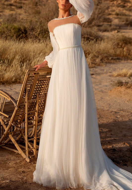 LW086 - A Line Illusion Scoop Long Sleeves Beaded Pleated Tulle Long Wedding Dress
