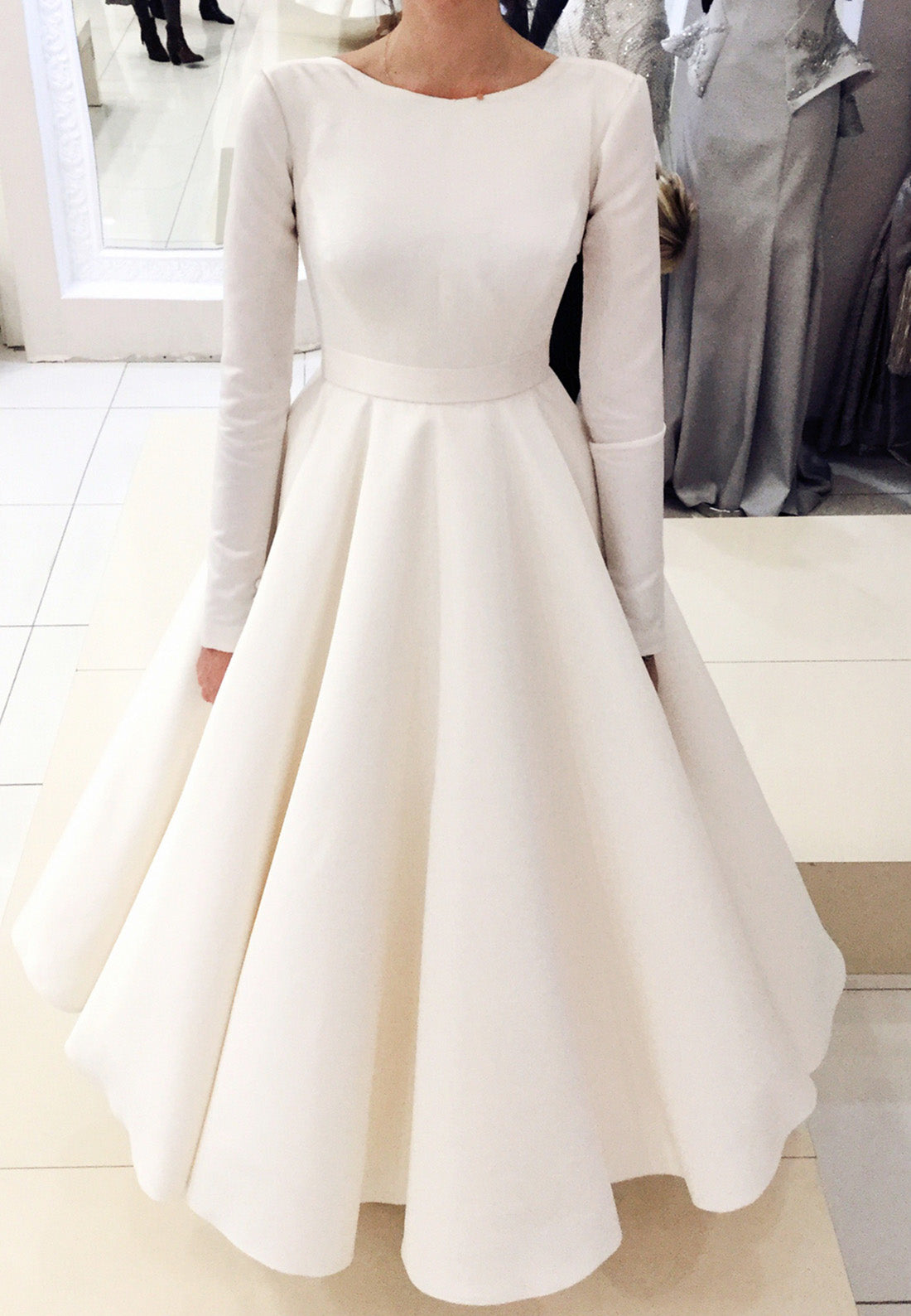 Scoop Long Sleeves Pleated Satin Sleek A-Line Wedding Dress
