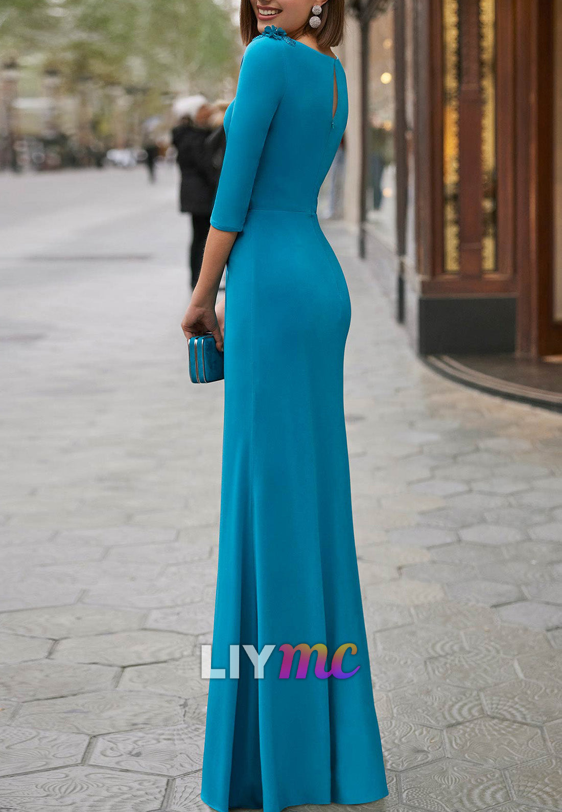 Scoop Long Sleeves Pleated Sheath Mother of Bride Dress