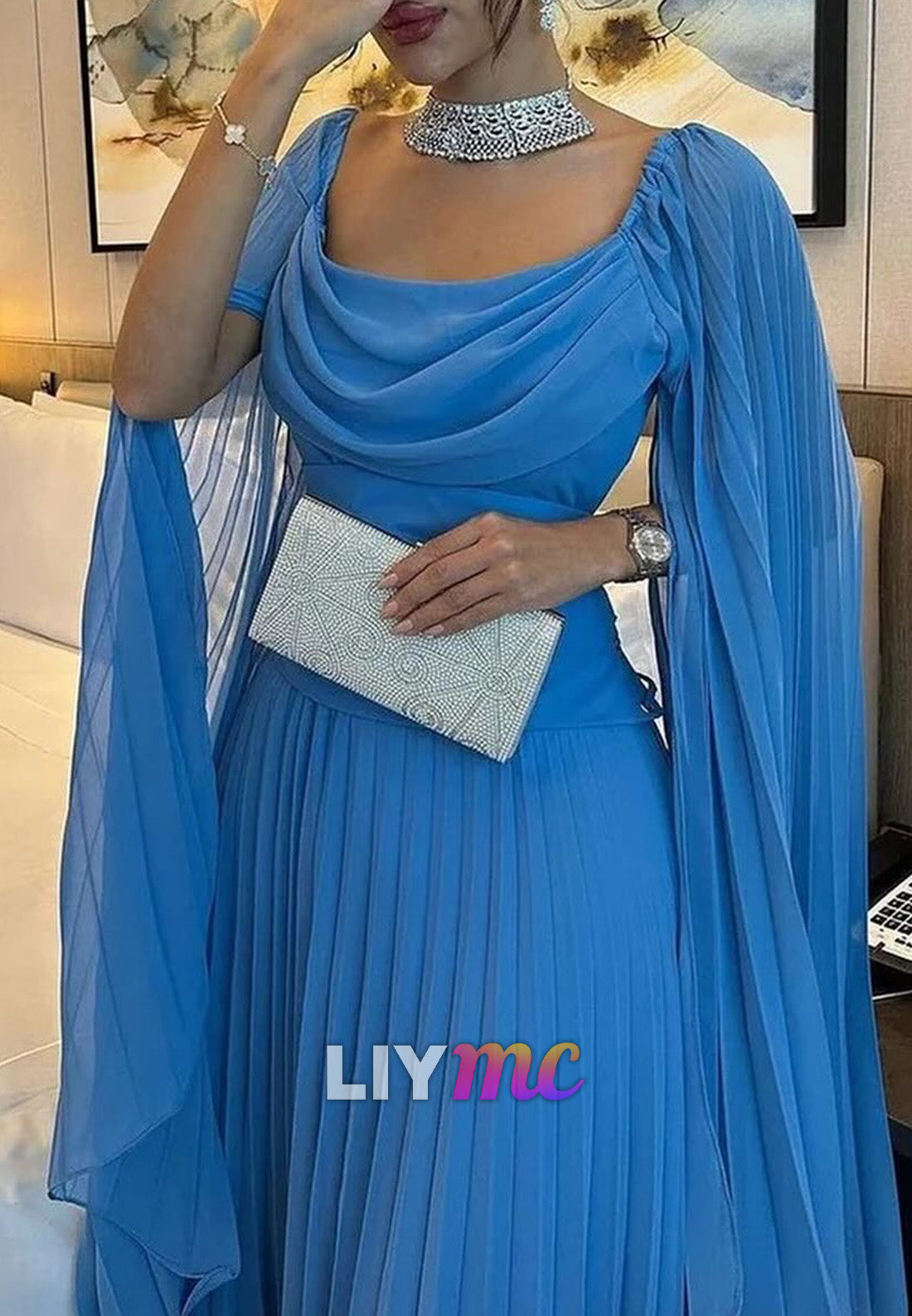 Scoop Long Sleeves Pleated Wedding Guest Dress A-Line Formal Dress